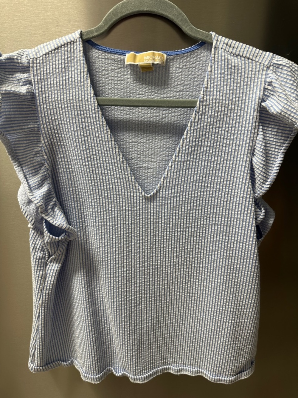 MICHAEL Michael Kors Light Blue & White Striped V-Neck Ruffle Sleeve Top